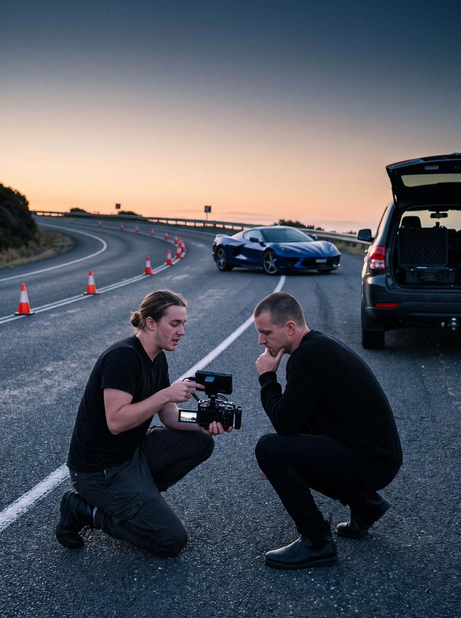 On location, reviewing a frame between takes